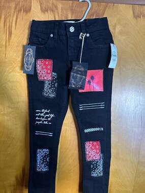 FWRD Denim Black Skinny Jeans with Bandana Patches and Graphics